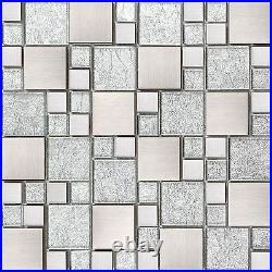 1 SQ M Silver Glass Brushed Stainless Steel Bathroom Mosaic Wall Tiles GTR10048