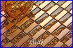 1 SQM Amber Glass & Brushed Copper effect Stainless Steel Mosaic Tiles GTR10104