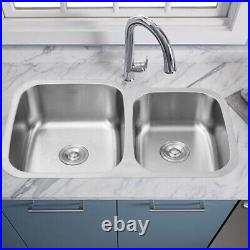 304 Brushed Stainless Steel Kitchen Sink Undermount Twin Bowls with Free Wastes