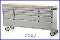72 Brushed Stainless Steel Tool Chest Box 15 Drawers Solid Wooden Top
