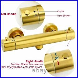 Brushed Gold Exposed Thermostatic Shower Mixer Bar Round Handset Riser Rail Kit