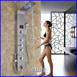 Brushed Nickel LED Stainless Steel Shower Panel Column Jets Hand Tub Spout Tap