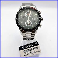 New Genuine Hugo Boss 1513509 Rafale Silver & Black Tone Men's Watch