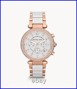 New Michael Kors Mk5774 Parker Womens Chronograph Watch Rose Gold And White