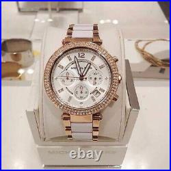 New Michael Kors Mk5774 Parker Womens Chronograph Watch Rose Gold And White