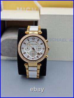 New Michael Kors Mk5774 Parker Womens Chronograph Watch Rose Gold And White