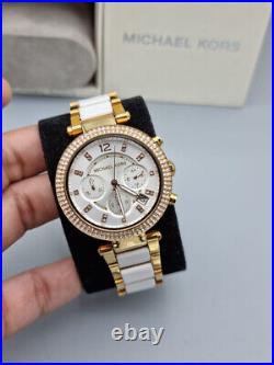 New Michael Kors Mk5774 Parker Womens Chronograph Watch Rose Gold And White