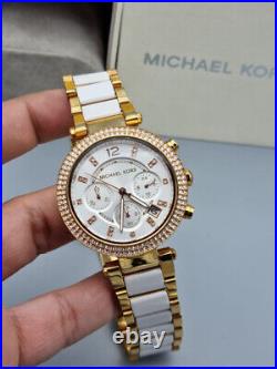 New Michael Kors Mk5774 Parker Womens Chronograph Watch Rose Gold And White