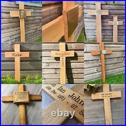 Oak Wooden Memorial Cross Grave Marker Free Plaque & Free Engraving