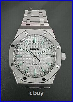 Seiko Men's Custom Mod White Silver Royal Oak Style Watch In Stainless Steel