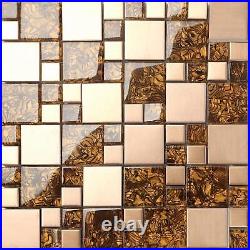 Square Metre of Amber Glass & Brushed Copper Effect Stainless Steel Mosaic Tiles